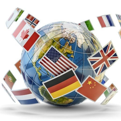 National flags of world countries around Earth globe isolated on white